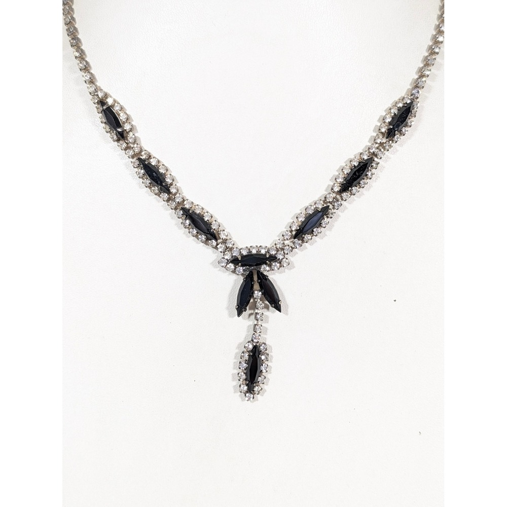 Vintage Black Rhinestone Tennis Y Drop Necklace Silver Tone‎ Statement 18"